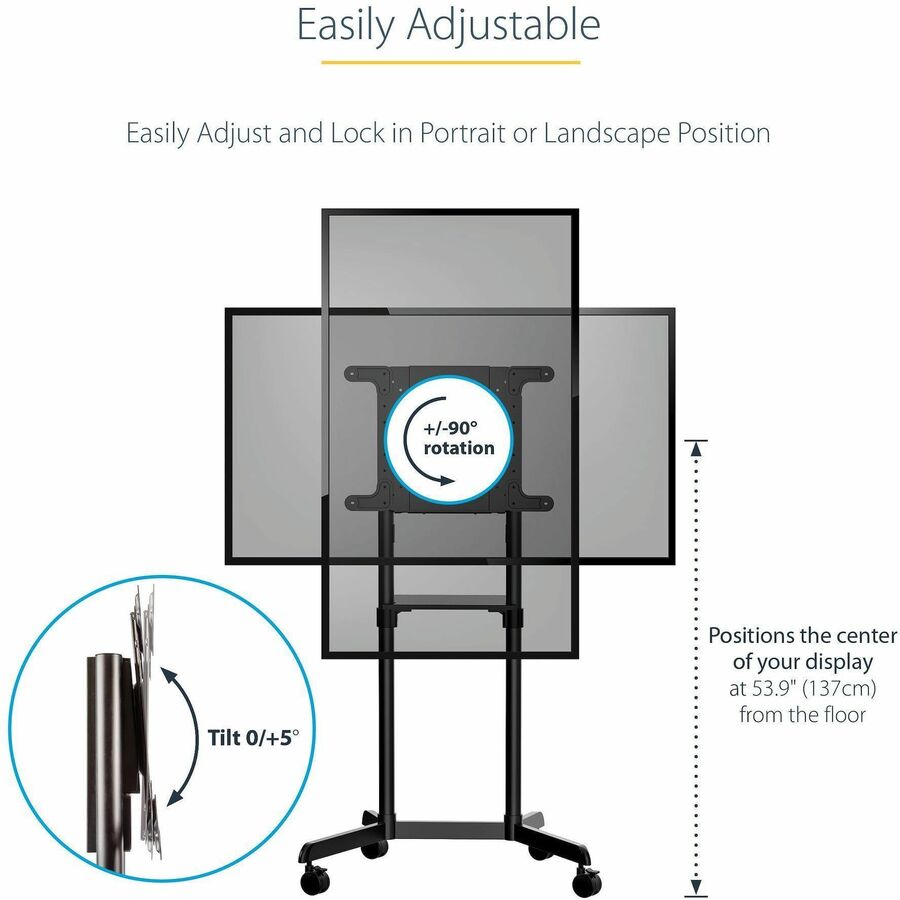 Alternate-Image2 Image for StarTech.com Mobile TV Cart, Portable Rolling TV Stand, 37-70 inch VESA Display Mount (154lb/70kg), Shelf & Storage, Rotate/Tilt Display