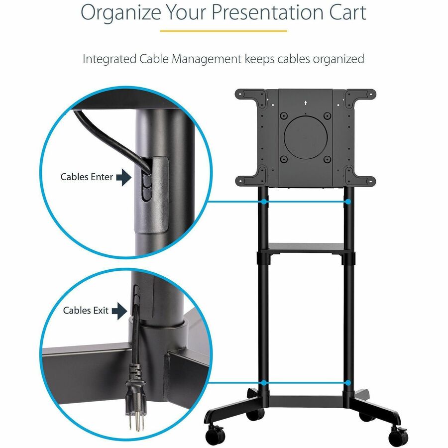 Alternate-Image5 Image for StarTech.com Mobile TV Cart, Portable Rolling TV Stand, 37-70 inch VESA Display Mount (154lb/70kg), Shelf & Storage, Rotate/Tilt Display