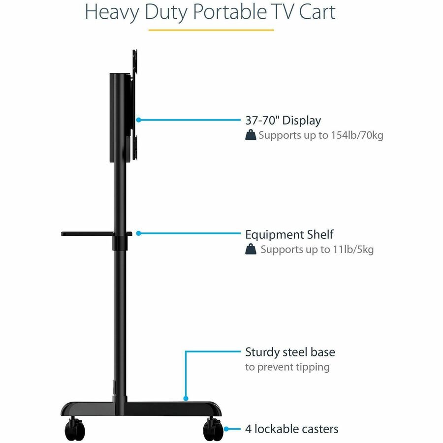Alternate-Image1 Image for StarTech.com Mobile TV Cart, Portable Rolling TV Stand, 37-70 inch VESA Display Mount (154lb/70kg), Shelf & Storage, Rotate/Tilt Display