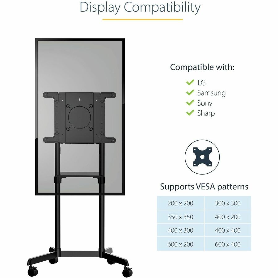 Alternate-Image4 Image for StarTech.com Mobile TV Cart, Portable Rolling TV Stand, 37-70 inch VESA Display Mount (154lb/70kg), Shelf & Storage, Rotate/Tilt Display