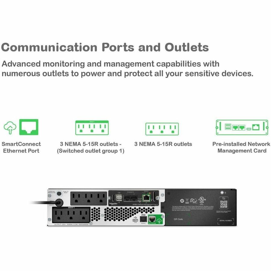 Alternate-Image3 Image for APC Smart-UPS, Line Interactive, 1000VA, Lithium-ion, Rackmount 2U, 120V, 6x NEMA 5-15R outlets, SmartConnect Port+Network Card, Short Depth, AVR