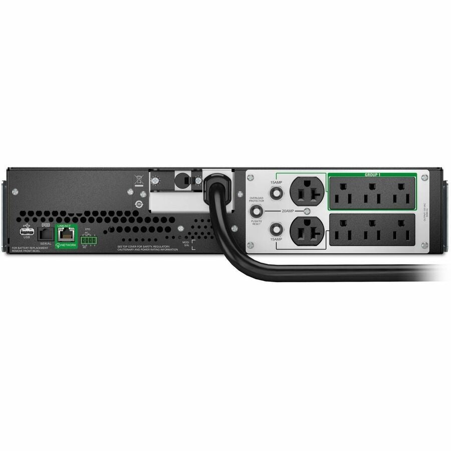 Rear Image for APC Smart-UPS, Line Interactive, 3kVA, Lithium-ion, Rackmount 2U, 120V, 2x NEMA 5-20R+6x NEMA 5-15R outlets, SmartConnect Port+SmartSlot, AVR, LCD