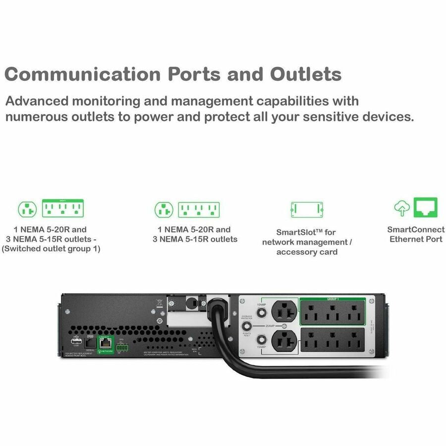Alternate-Image3 Image for APC Smart-UPS, Line Interactive, 3kVA, Lithium-ion, Rackmount 2U, 120V, 2x NEMA 5-20R+6x NEMA 5-15R outlets, SmartConnect Port+SmartSlot, AVR, LCD