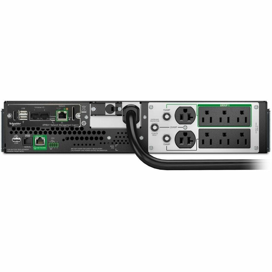 Rear Image for APC Smart-UPS, Line Interactive, 3kVA, Lithium-ion, Rackmount 2U, 120V, 2x NEMA 5-20R+6x NEMA 5-15R outlets, SmartConnect Port+Network Card, AVR, LCD