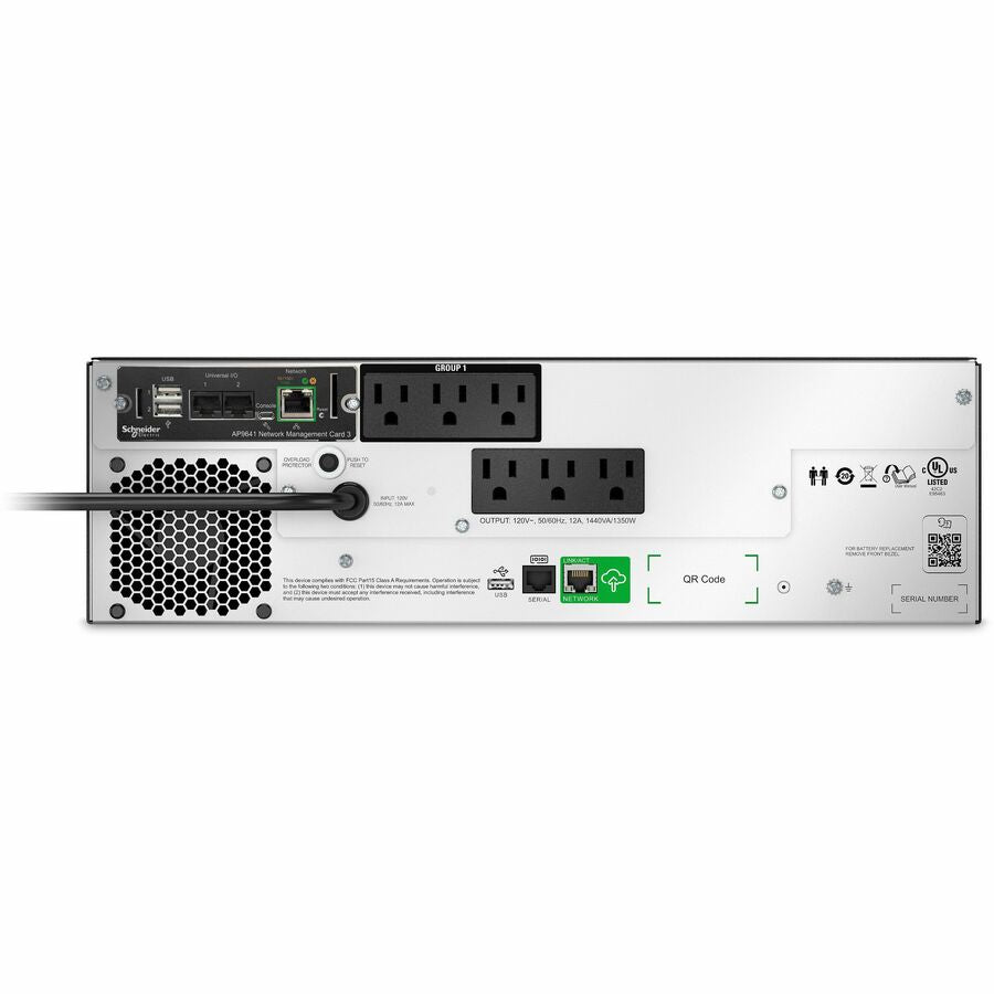 Rear Image for APC Smart-UPS, Line Interactive, 1500VA, Lithium-ion, Rackmount 3U, 120V, 6x NEMA 5-15R outlets, SmartConnect Port+Network Card, Short Depth, AVR, LCD