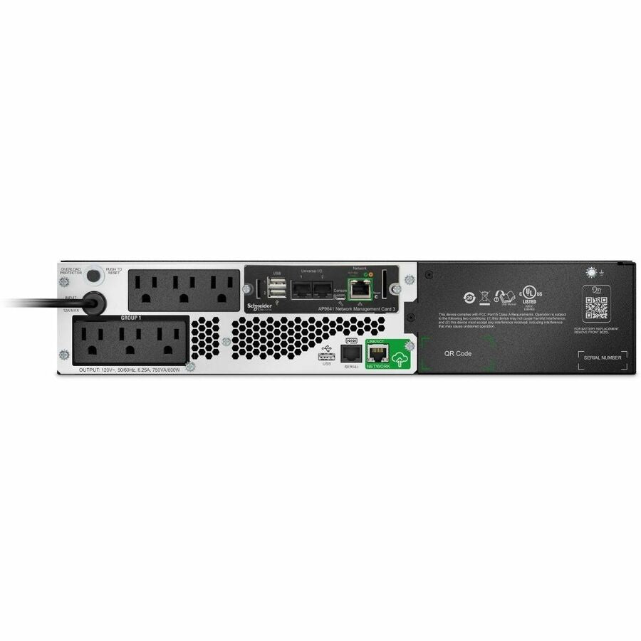 Rear Image for APC Smart-UPS, Line Interactive, 750VA, Lithium-ion, Rackmount 2U, 120V, 6x NEMA 5-15R outlets, SmartConnect Port+Network Card, Short Depth, AVR