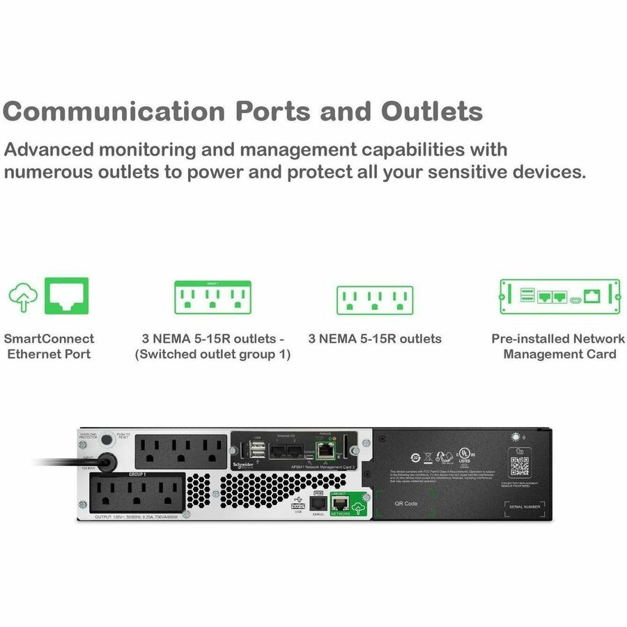 Alternate-Image3 Image for APC Smart-UPS, Line Interactive, 750VA, Lithium-ion, Rackmount 2U, 120V, 6x NEMA 5-15R outlets, SmartConnect Port+Network Card, Short Depth, AVR