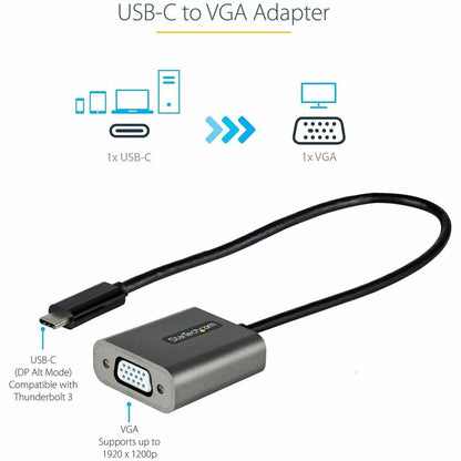 Alternate-Image1 Image for StarTech USB C to VGA Adapter, 1080p USB Type-C to VGA Adapter Dongle, USB-C to VGA Monitor/Display Video Converter, 12" Long Cable