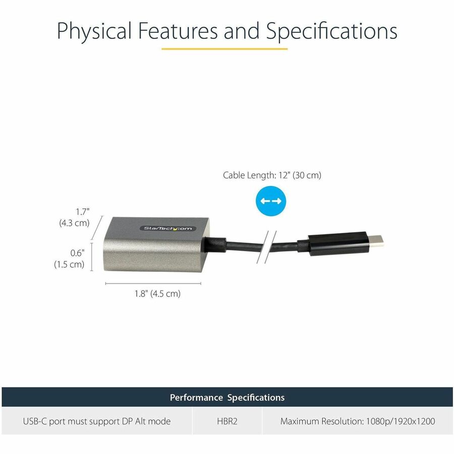 Alternate-Image2 Image for StarTech USB C to VGA Adapter, 1080p USB Type-C to VGA Adapter Dongle, USB-C to VGA Monitor/Display Video Converter, 12" Long Cable