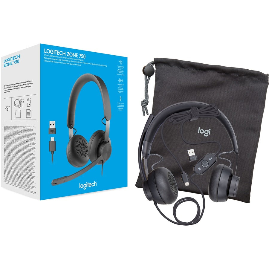 Alternate-Image2 Image for Logitech Zone 750 Wired On-Ear Headset with advanced noise-canceling microphone, simple USB-C and included USB-A adapter, plug-and-play compatibility for all devices