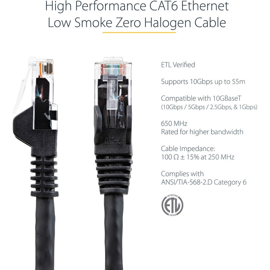 Alternate-Image2 Image for StarTech.com 7ft (2m) CAT6 Ethernet Cable, LSZH (Low Smoke Zero Halogen) 10 GbE Snagless 100W PoE UTP RJ45 Black Network Patch Cord, ETL