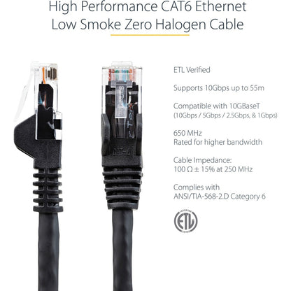 Alternate-Image2 Image for StarTech.com 7ft (2m) CAT6 Ethernet Cable, LSZH (Low Smoke Zero Halogen) 10 GbE Snagless 100W PoE UTP RJ45 Black Network Patch Cord, ETL