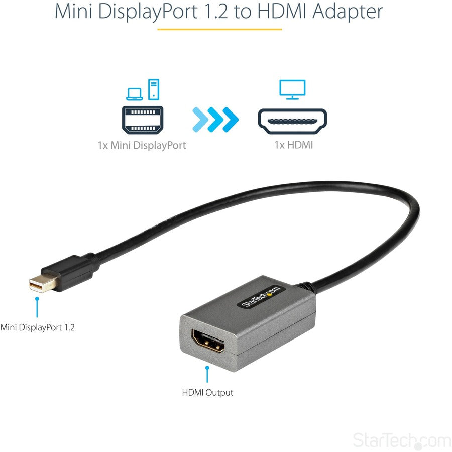 Alternate-Image1 Image for StarTech.com Mini DisplayPort to HDMI Adapter, mDP to HDMI Adapter Dongle, 1080p, Mini DP 1.2 to HDMI Video Converter, 12" Long Cable