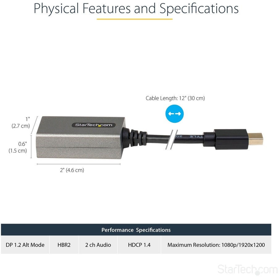 Alternate-Image2 Image for StarTech.com Mini DisplayPort to HDMI Adapter, mDP to HDMI Adapter Dongle, 1080p, Mini DP 1.2 to HDMI Video Converter, 12" Long Cable