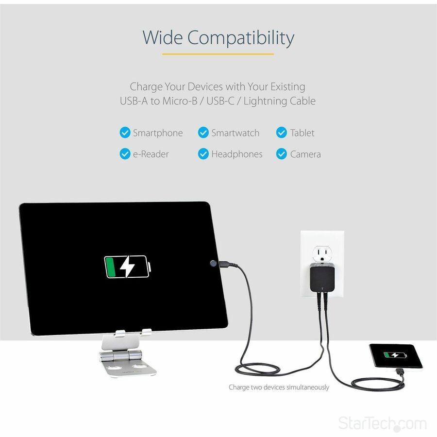 Alternate-Image3 Image for StarTech.com 2 Port USB Wall Charger, 17W Wall Charger Hub (2.4A & 1A port), Dual USB-A Power Adapter, Portable Charger for Phones/Tablets