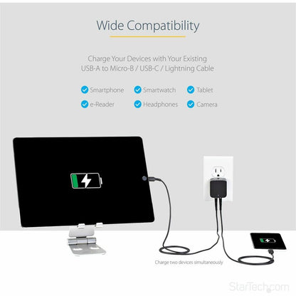 Alternate-Image3 Image for StarTech.com 2 Port USB Wall Charger, 17W Wall Charger Hub (2.4A & 1A port), Dual USB-A Power Adapter, Portable Charger for Phones/Tablets