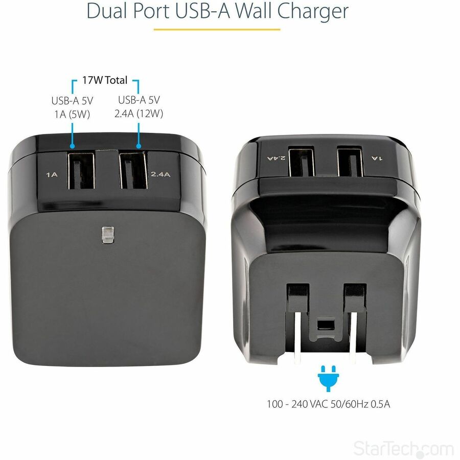 Alternate-Image1 Image for StarTech.com 2 Port USB Wall Charger, 17W Wall Charger Hub (2.4A & 1A port), Dual USB-A Power Adapter, Portable Charger for Phones/Tablets