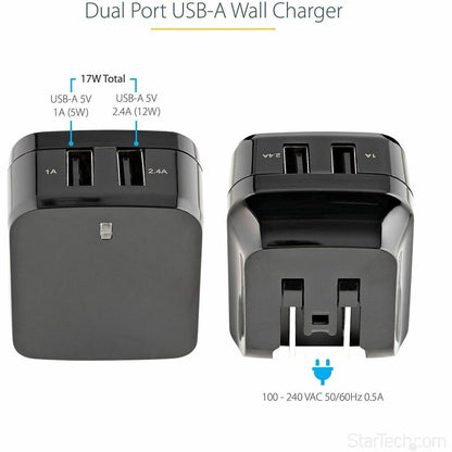 Alternate-Image1 Image for StarTech.com 2 Port USB Wall Charger, 17W Wall Charger Hub (2.4A & 1A port), Dual USB-A Power Adapter, Portable Charger for Phones/Tablets