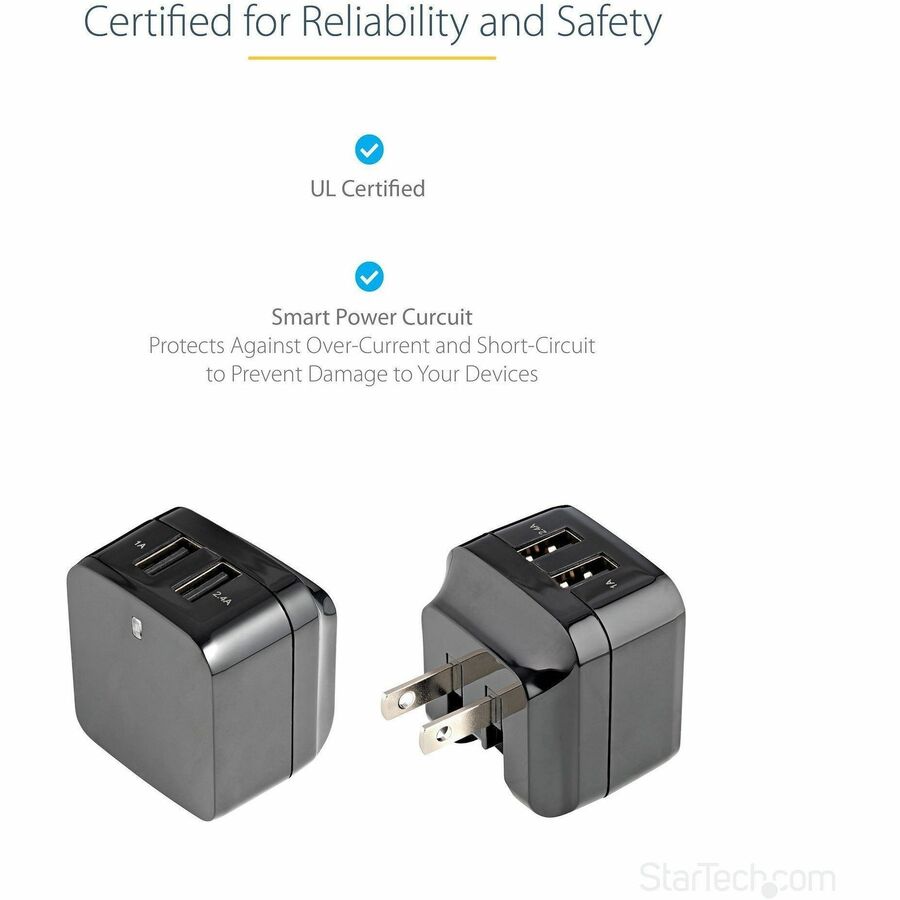 Alternate-Image4 Image for StarTech.com 2 Port USB Wall Charger, 17W Wall Charger Hub (2.4A & 1A port), Dual USB-A Power Adapter, Portable Charger for Phones/Tablets
