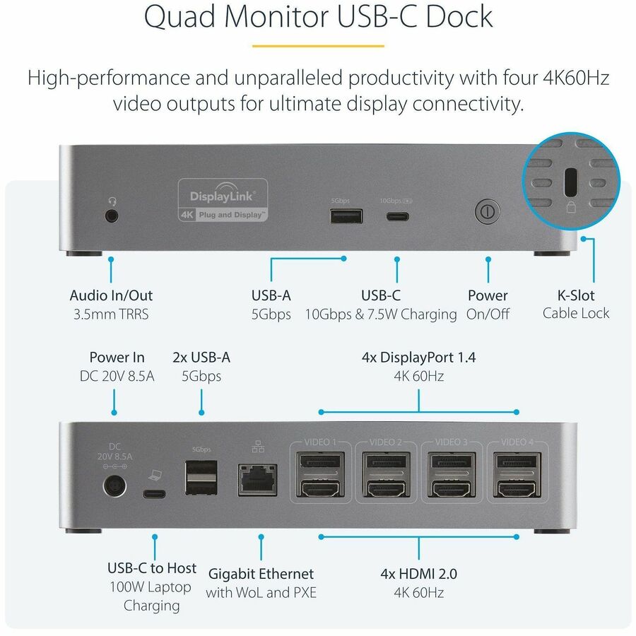 Alternate-Image2 Image for StarTech.com USB-C Dock, 4K 60Hz Quad Monitor DisplayPort & HDMI, Universal USB C Docking Station, 100W Power Delivery, USB Hub 1C/3A, GbE