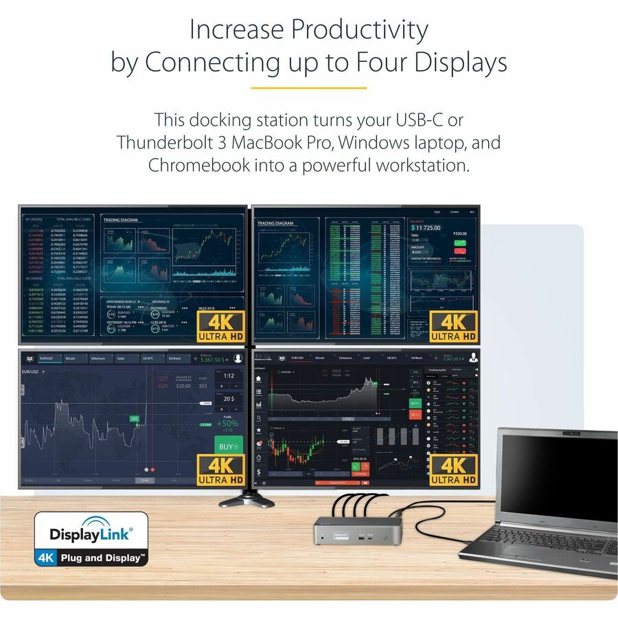 Alternate-Image1 Image for StarTech.com USB-C Dock, 4K 60Hz Quad Monitor DisplayPort & HDMI, Universal USB C Docking Station, 100W Power Delivery, USB Hub 1C/3A, GbE