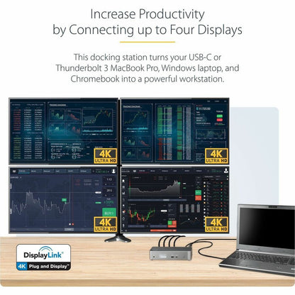 Alternate-Image1 Image for StarTech.com USB-C Dock, 4K 60Hz Quad Monitor DisplayPort & HDMI, Universal USB C Docking Station, 100W Power Delivery, USB Hub 1C/3A, GbE