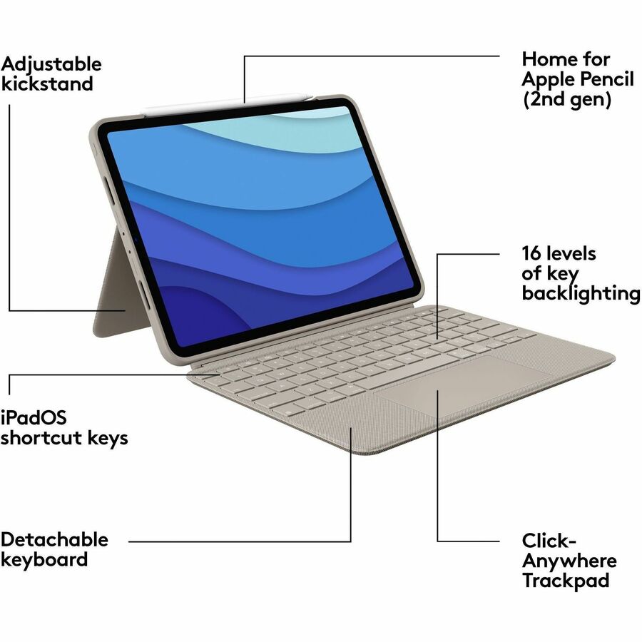 Alternate-Image5 Image for Logitech Combo Touch Keyboard/Cover Case for 11" Apple iPad Pro (3rd Generation), iPad Pro (2nd Generation), iPad Pro Tablet - Sand