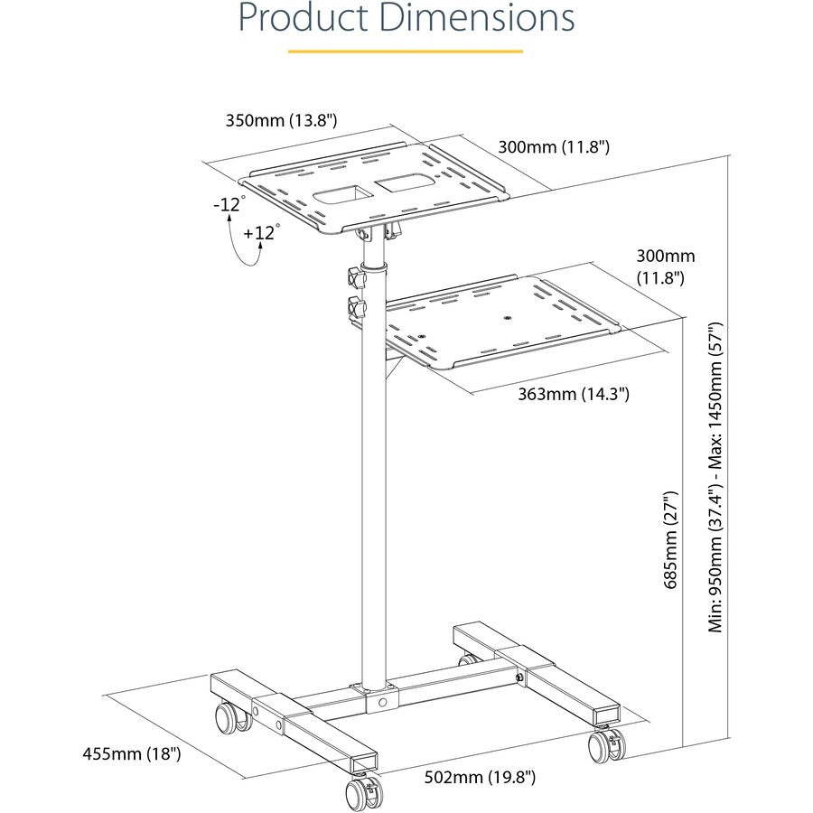 Alternate-Image5 Image for StarTech.com Mobile Projector and Laptop Stand/Cart, Heavy Duty Portable Projector Stand/Presentation Cart (22lb/shelf), Height Adjustable