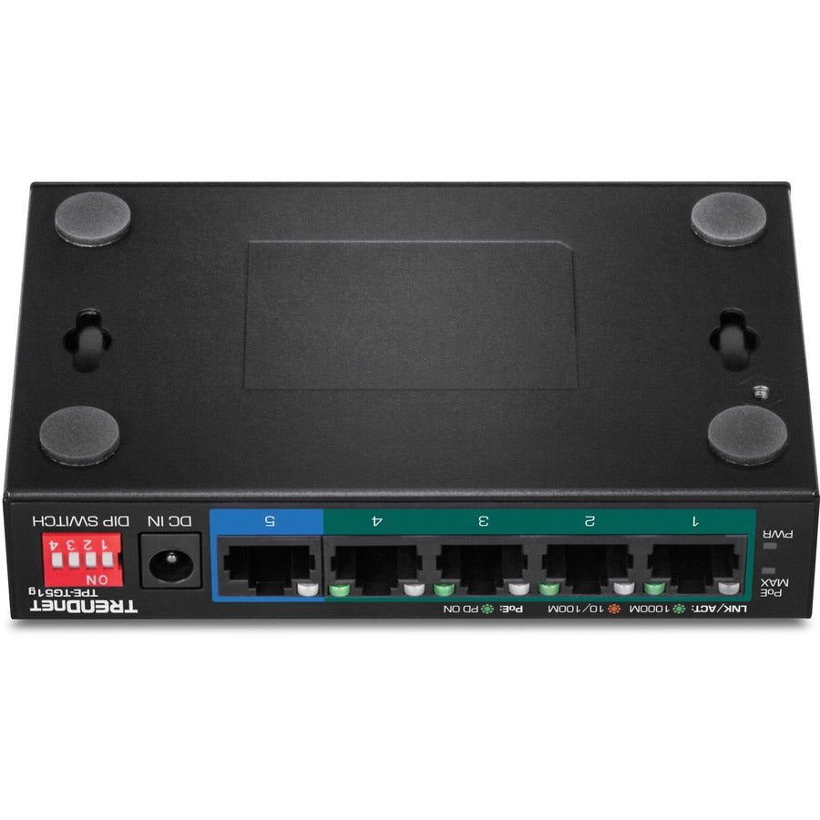 Bottom Image for TRENDnet 5-Port Gigabit PoE+ Switch, Camera DIP Switch extends PoE+ 200m (656 ft.), 60W PoE Budget, Black, TPE-TG51g