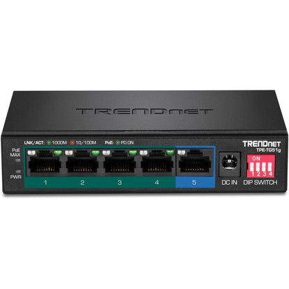 Front Image for TRENDnet 5-Port Gigabit PoE+ Switch, Camera DIP Switch extends PoE+ 200m (656 ft.), 60W PoE Budget, Black, TPE-TG51g