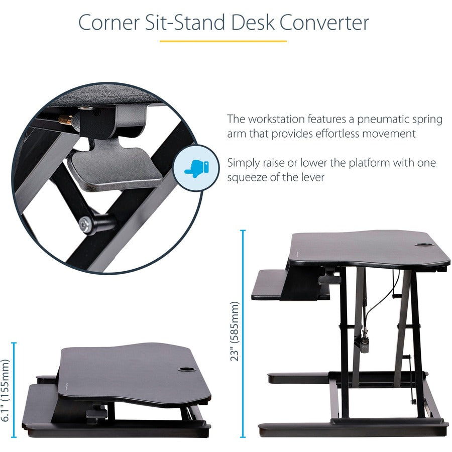 Alternate-Image8 Image for StarTech.com Corner Sit Stand Desk Converter with Keyboard Tray, Large Surface 35"x21" , Height Adjustable Ergonomic Tabletop Standing Desk
