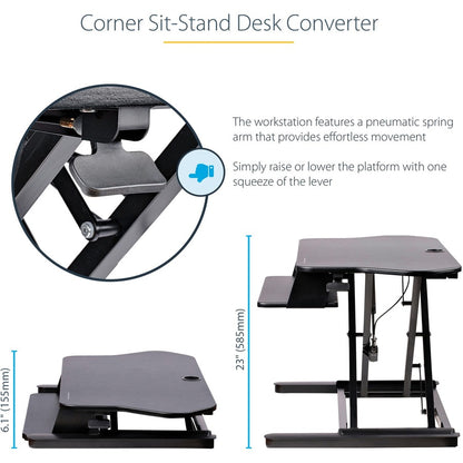 Alternate-Image8 Image for StarTech.com Corner Sit Stand Desk Converter with Keyboard Tray, Large Surface 35"x21" , Height Adjustable Ergonomic Tabletop Standing Desk