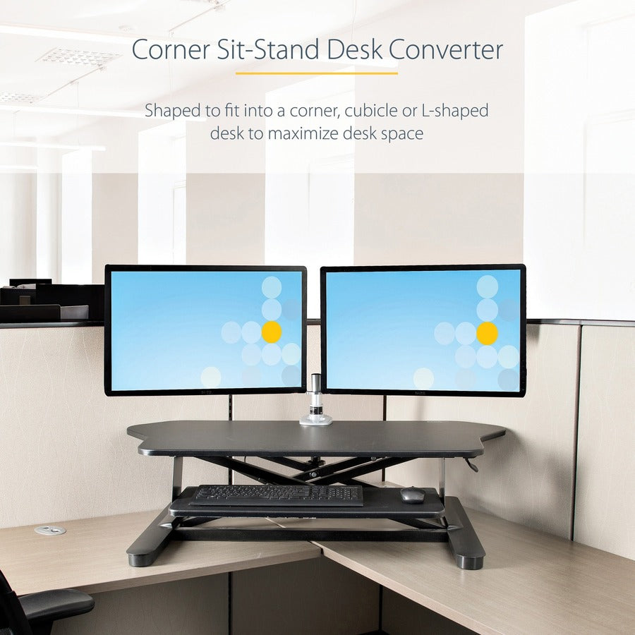 Alternate-Image7 Image for StarTech.com Corner Sit Stand Desk Converter with Keyboard Tray, Large Surface 35"x21" , Height Adjustable Ergonomic Tabletop Standing Desk