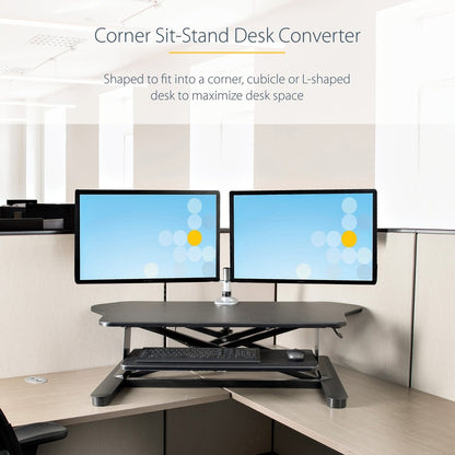 Alternate-Image7 Image for StarTech.com Corner Sit Stand Desk Converter with Keyboard Tray, Large Surface 35"x21" , Height Adjustable Ergonomic Tabletop Standing Desk