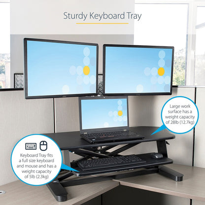 Alternate-Image4 Image for StarTech.com Corner Sit Stand Desk Converter with Keyboard Tray, Large Surface 35"x21" , Height Adjustable Ergonomic Tabletop Standing Desk