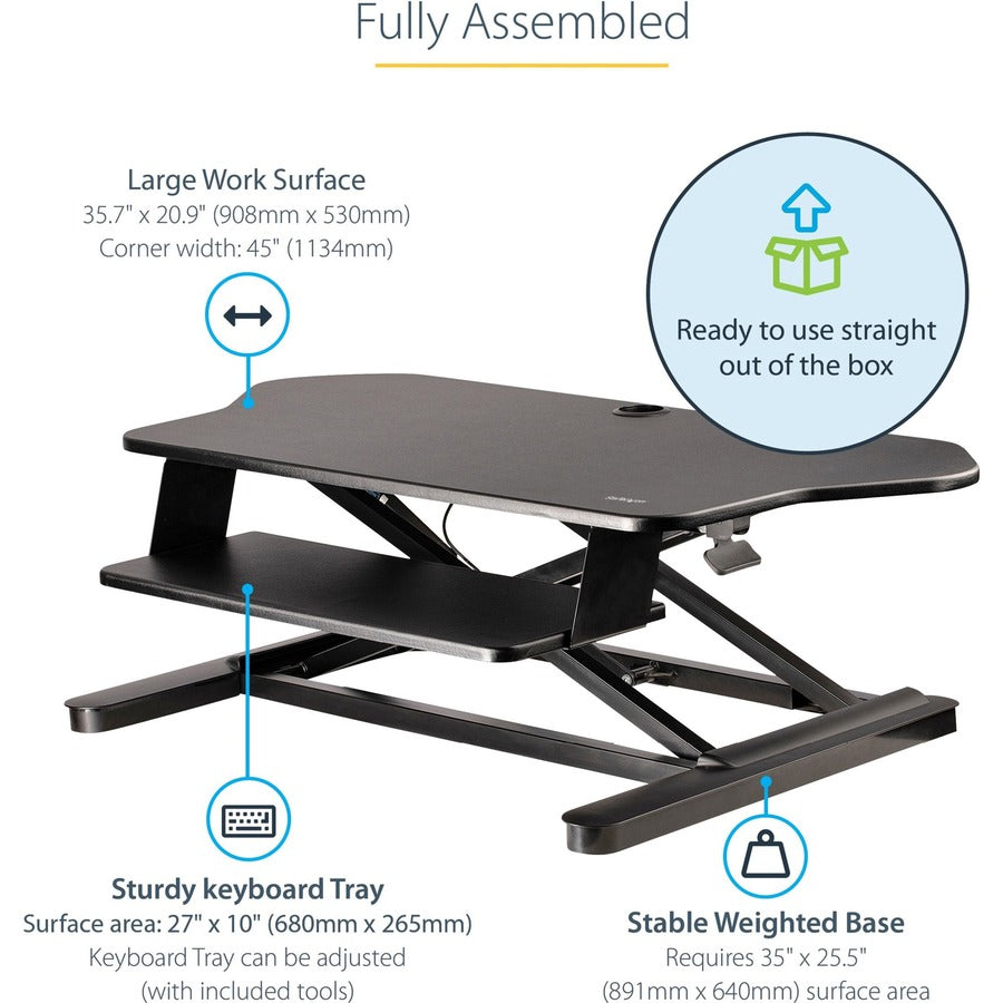 Alternate-Image3 Image for StarTech.com Corner Sit Stand Desk Converter with Keyboard Tray, Large Surface 35"x21" , Height Adjustable Ergonomic Tabletop Standing Desk