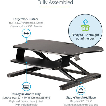 Alternate-Image3 Image for StarTech.com Corner Sit Stand Desk Converter with Keyboard Tray, Large Surface 35"x21" , Height Adjustable Ergonomic Tabletop Standing Desk
