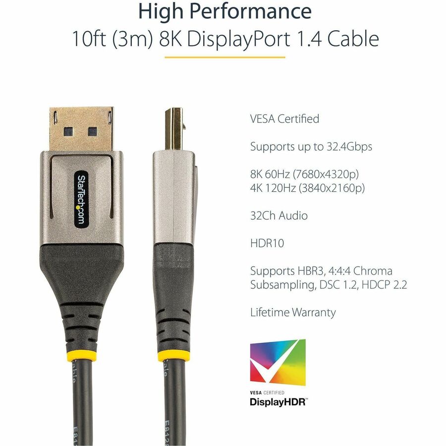 Alternate-Image1 Image for StarTech.com 10ft (3m) VESA Certified DisplayPort 1.4 Cable, 8K 60Hz HDR10, UHD 4K 120Hz Video, DP to DP Monitor Cord, DP 1.4 Cable, M/M