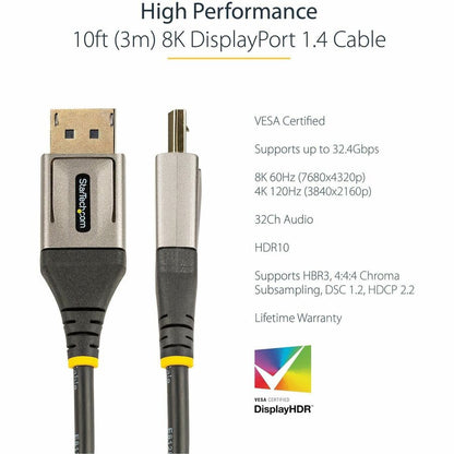 Alternate-Image1 Image for StarTech.com 10ft (3m) VESA Certified DisplayPort 1.4 Cable, 8K 60Hz HDR10, UHD 4K 120Hz Video, DP to DP Monitor Cord, DP 1.4 Cable, M/M