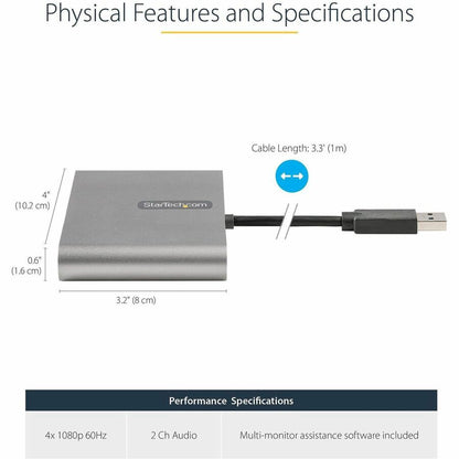 Alternate-Image2 Image for StarTech.com USB 3.0 to Quad HDMI Adapter, USB to 4x HDMI Monitor Converter for Windows (no support for macOS/ChromeOS/Linux) - TAA