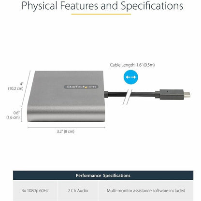 Alternate-Image2 Image for StarTech.com USB C to Quad HDMI Adapter, USB-C to 4x HDMI Monitor Converter for Windows (no support for macOS/ChromeOS/Linux) - TAA