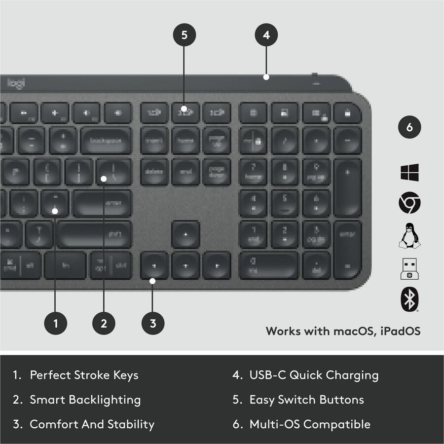Alternate-Image5 Image for Logitech MX Keys Wireless Illuminated Keyboard for Business, Quiet Perfect-Stroke Keys, Logi Bolt Technology - Graphite