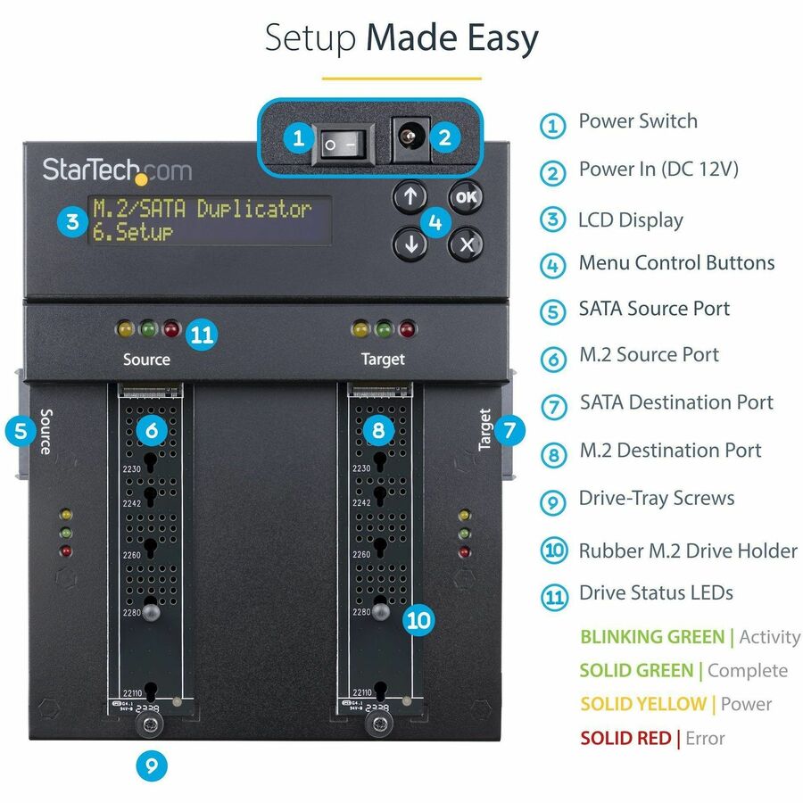Alternate-Image3 Image for StarTech.com Standalone Dual Bay M.2 SATA/NVMe Duplicator/Eraser, HDD/SSD Cloner/Wiper, M.2 PCIe/AHCI, Hard Drive Sanitizer/Copier, TAA