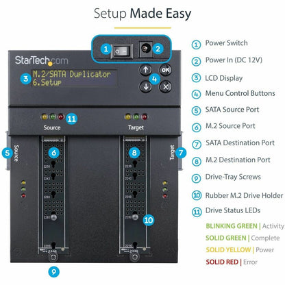 Alternate-Image3 Image for StarTech.com Standalone Dual Bay M.2 SATA/NVMe Duplicator/Eraser, HDD/SSD Cloner/Wiper, M.2 PCIe/AHCI, Hard Drive Sanitizer/Copier, TAA