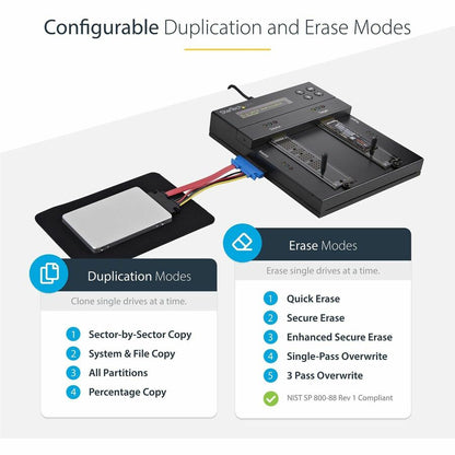 Alternate-Image4 Image for StarTech.com Standalone Dual Bay M.2 SATA/NVMe Duplicator/Eraser, HDD/SSD Cloner/Wiper, M.2 PCIe/AHCI, Hard Drive Sanitizer/Copier, TAA