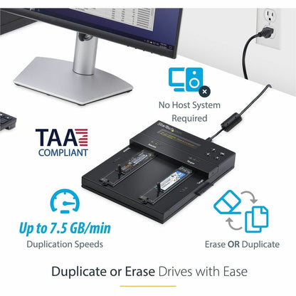 Alternate-Image1 Image for StarTech.com Standalone Dual Bay M.2 SATA/NVMe Duplicator/Eraser, HDD/SSD Cloner/Wiper, M.2 PCIe/AHCI, Hard Drive Sanitizer/Copier, TAA
