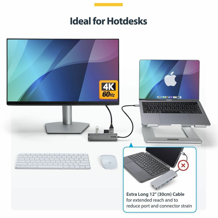 Alternate-Image2 Image for StarTech.com USB-C Multiport Adapter Hub, USB-C to 4K 60Hz HDMI, Gigabit Ethernet and 100W Charging for Macbook Pro / Air and Windows