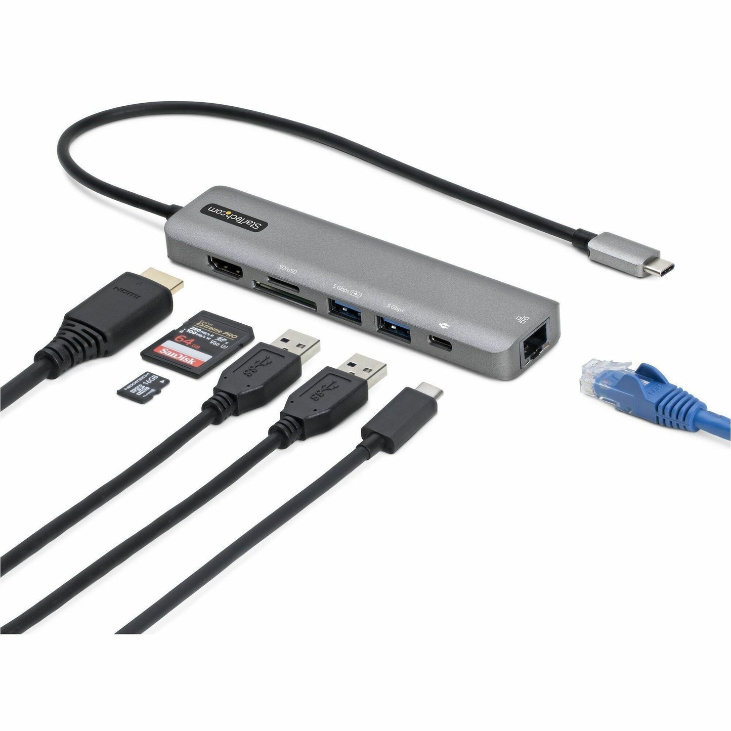 Main Image for StarTech.com USB-C Multiport Adapter Hub, USB-C to 4K 60Hz HDMI, Gigabit Ethernet and 100W Charging for Macbook Pro / Air and Windows