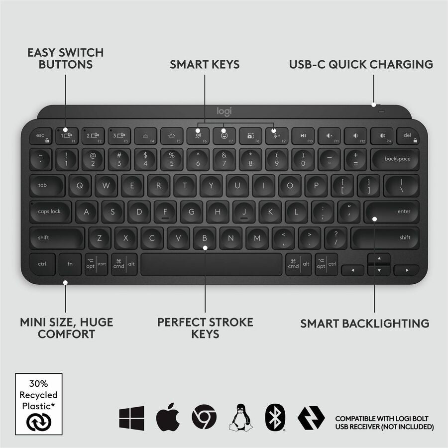 Alternate-Image5 Image for Logitech MX Keys Mini Minimalist Wireless Illuminated Keyboard, Compact, Bluetooth, Backlit, USB-C, Black