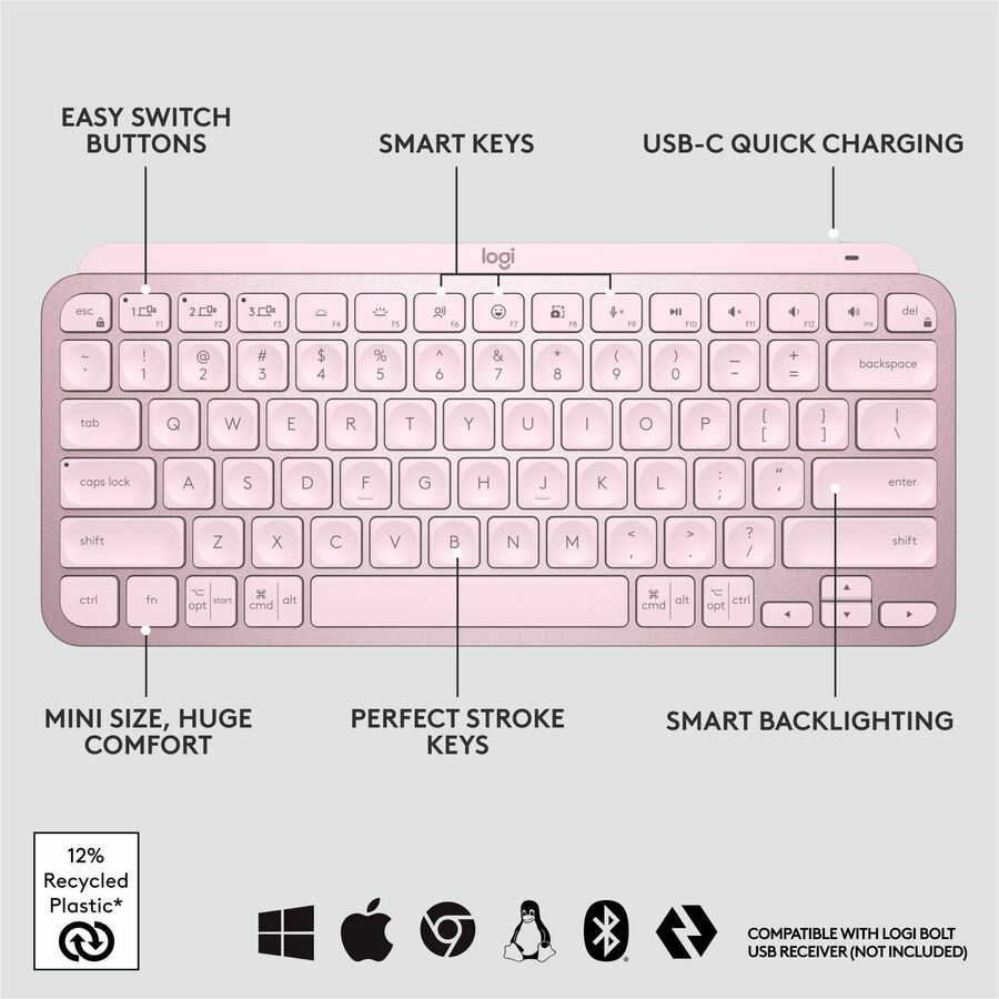 Alternate-Image5 Image for Logitech MX Keys Mini Minimalist Wireless Illuminated Keyboard, Compact, Bluetooth, USB-C - Rose